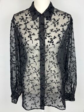 Vintage 90s Sheer Black Long Sleeve Shirt Black Velvet Floral Whimsigoth Sz 14